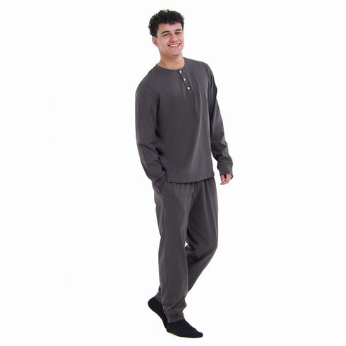 Men Fall Pajama Set Dark Grey Buttoned Sweatshirt + Pants